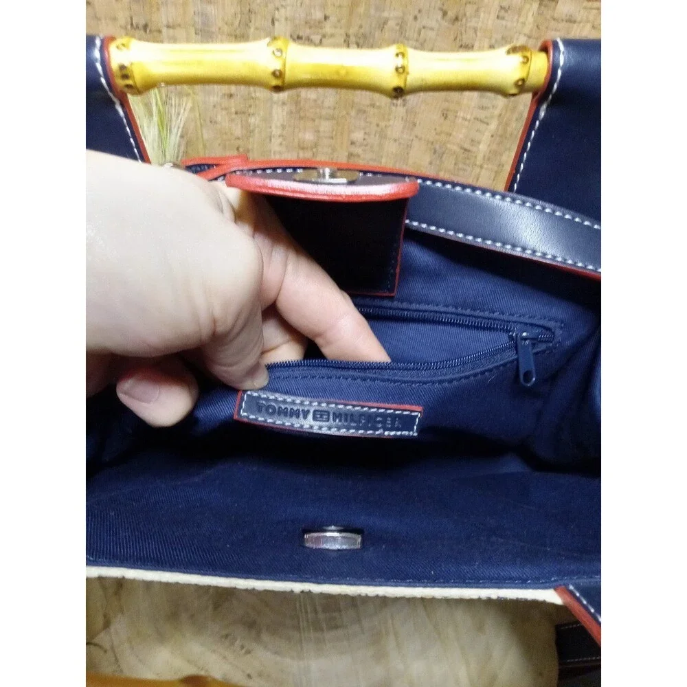 Tommy Hilfiger Woven Straw Handbag Crossbody Purse Navy Red Bamboo Handles